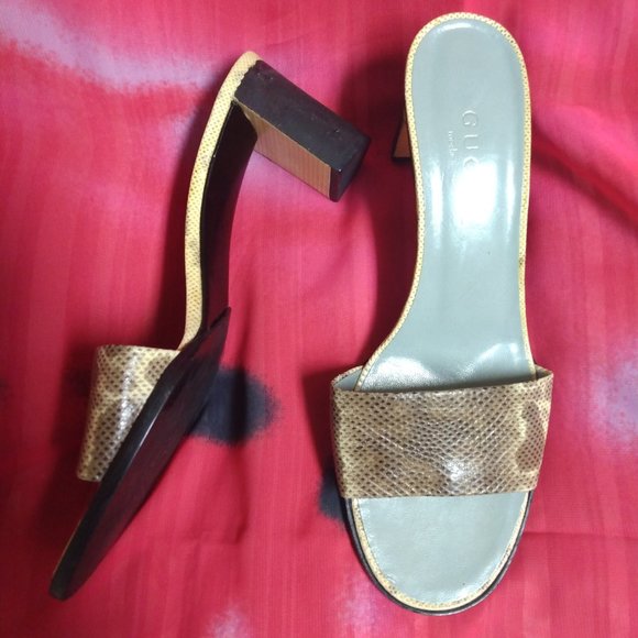 ❤️GUCCI TOM FORD Snake Slip On Chunky Wood Heel Slides Sandals Shoe 8 B Italy - Picture 1 of 10